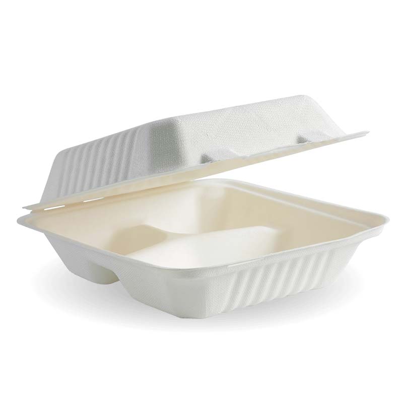 Snack Box - 3 Comp Sugarcane 20x22x8cm White Bio 100/2