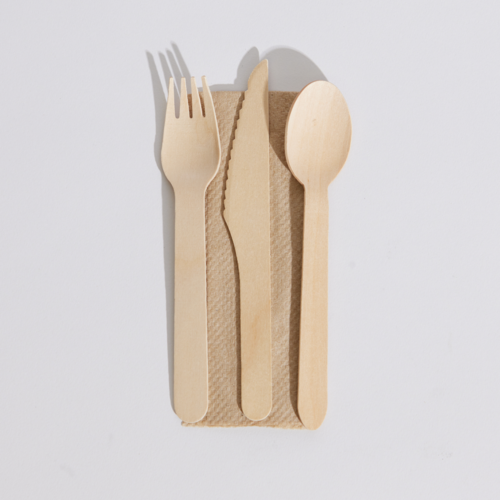 Cutlery Set - Wooden Knife, Fork, Dessert Spoon, Napkin Pin