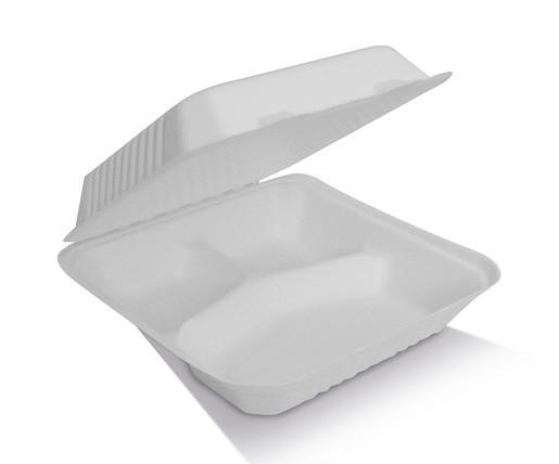 Snack Box Large - 3 Comp Sugarcane 23x23x8 / 9x9x3&quot; Square White PacT 100/2
